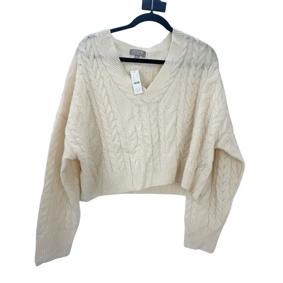 J. Crew Cashmere Cropped Cable-Knit V-Neck Sweater Long Sleeve Cream Size L NWT - Picture 7 of 12